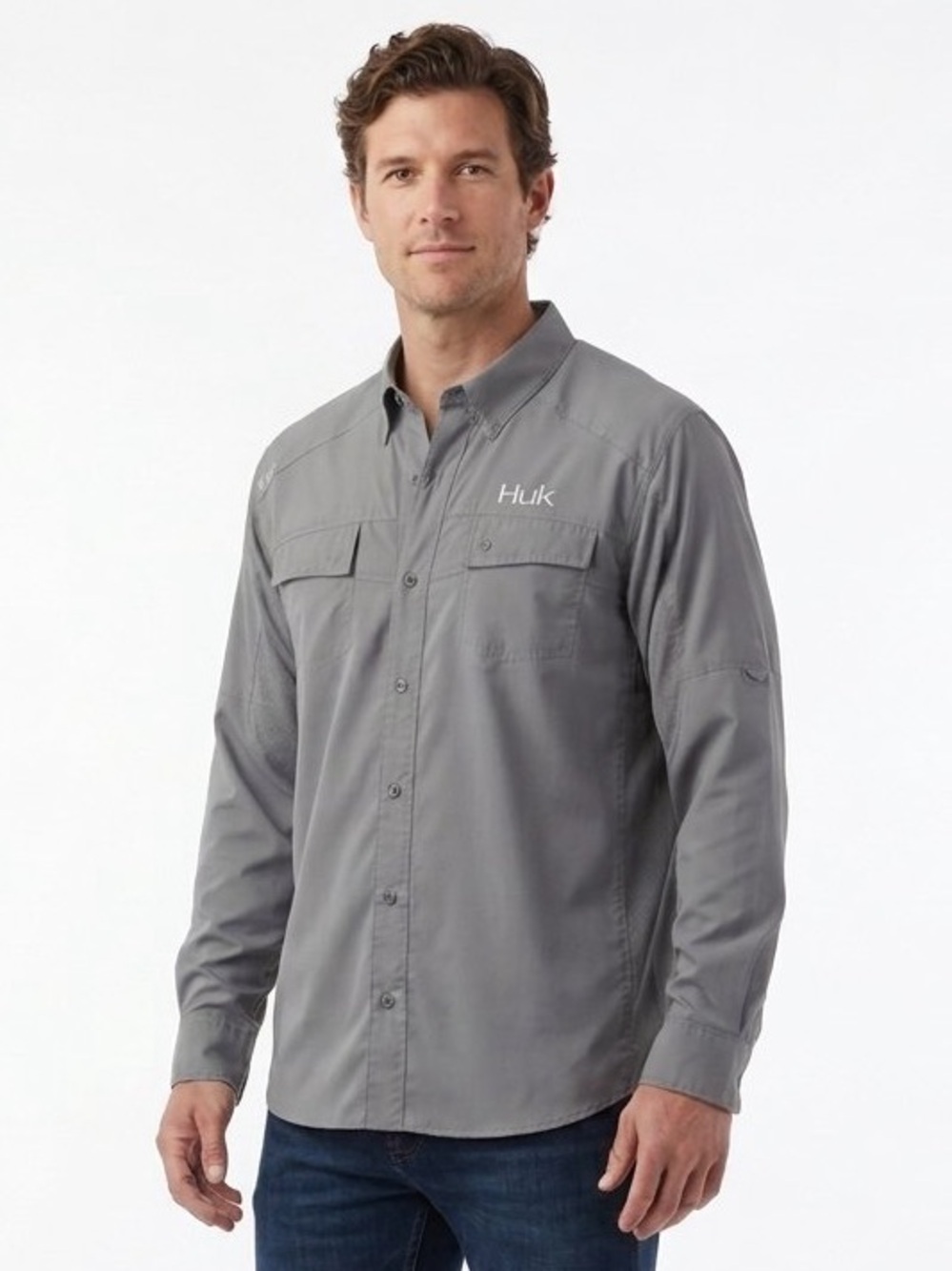 Huk Performance Fabrics Long Sleeve Fishing Shirt Gray Men's Size L